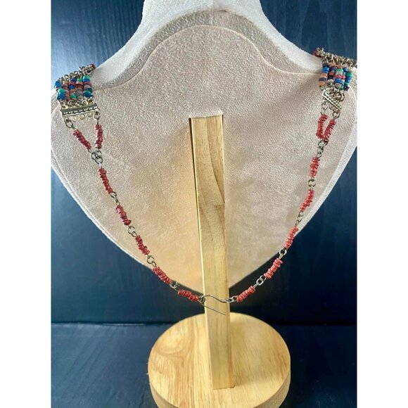 Vintage Ethnic Tribal Necklace With Multicolor Beads & Metal Links Orange Gold A - Picture 7 of 7